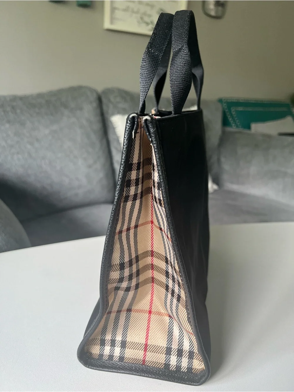 Burberry Black Canvas Tote with Beige Plaid Trim - Handheld Bag
